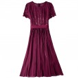 Spring new round neck waist skirt sequins pleated short-sleeved dress was thin and reduced age A-line skirt women