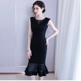 Summer new dress round neck sleeveless bag hip slim mid-length fishtail skirt women