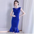 Summer new dress round neck sleeveless bag hip slim mid-length fishtail skirt women