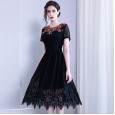 Spring temperament short-sleeved women's new embroidered applique beaded waist slim lace big swing dress