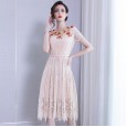 Spring temperament short-sleeved women's new embroidered applique beaded waist slim lace big swing dress
