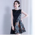 High-end embroidered dress spring new round neck elegant sleeveless A word high waist was thin middle skirt women