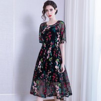 Spring new embroidery elegant round neck dress mid-sleeved chiffon long two-piece skirt