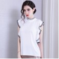 Spring New Chiffon Lotus Leaf Sleeve Lace Trim Shirt High Collar Elegant Solid Color Top Women