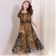 Summer new mesh printing dress women's waist temperament word collar big swing skirt