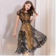 Summer new mesh printing dress women's waist temperament word collar big swing skirt