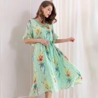 V-neck printed elasticated thin chiffon dress elegant irregular new summer