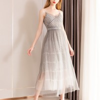 Slim polka dot chiffon long dress elegant V-neck mesh new spring women's clothing