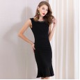 Spring new beaded round neck fishtail bag hip folds thin step dress women
