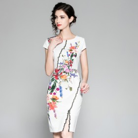 Spring and summer new round neck short-sleeved printed waist embroidery embroidery split hip dress A0124080