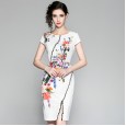Spring and summer new round neck short-sleeved printed waist embroidery embroidery split hip dress A0124080