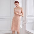 Spring new women's fashion lace stitching shoulder mesh waist slimming short-sleeved dress