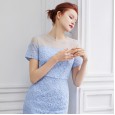 Spring new women's fashion lace stitching shoulder mesh waist slimming short-sleeved dress