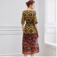 Spring new fashion silk temperament women's printed long-sleeved long waist dress