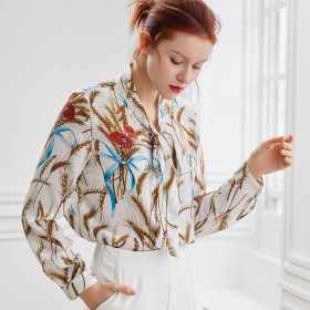 Bowknot silk shirt female spring and summer new temperament simple mulberry silk printing long-sleeved shirt