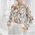 Bowknot silk shirt female spring and summer new temperament simple mulberry silk printing long-sleeved shirt