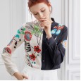 Printed contrast color flower shirt top women's fashion retro mulberry silk shirt