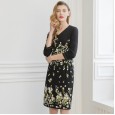 Early Spring New V-neck Heavy Industry Embroidery Slim Waist Seven-point Sleeve Women's One-Step Skirt Dress