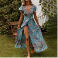 Women's Spring New Dress Bohemian Swing V-neck Beach Holiday Lace Print Skirt
