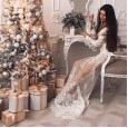 Lace dress skirt deep V long sleeve embroidered sexy nightclub light dress dress
