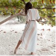 New spring new women's striped single-row button lapel short sleeve long dress