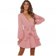 Autumn and Winter Dress Ruffled Pleated Long Sleeve Lace V-neck Pink Women's Skirt