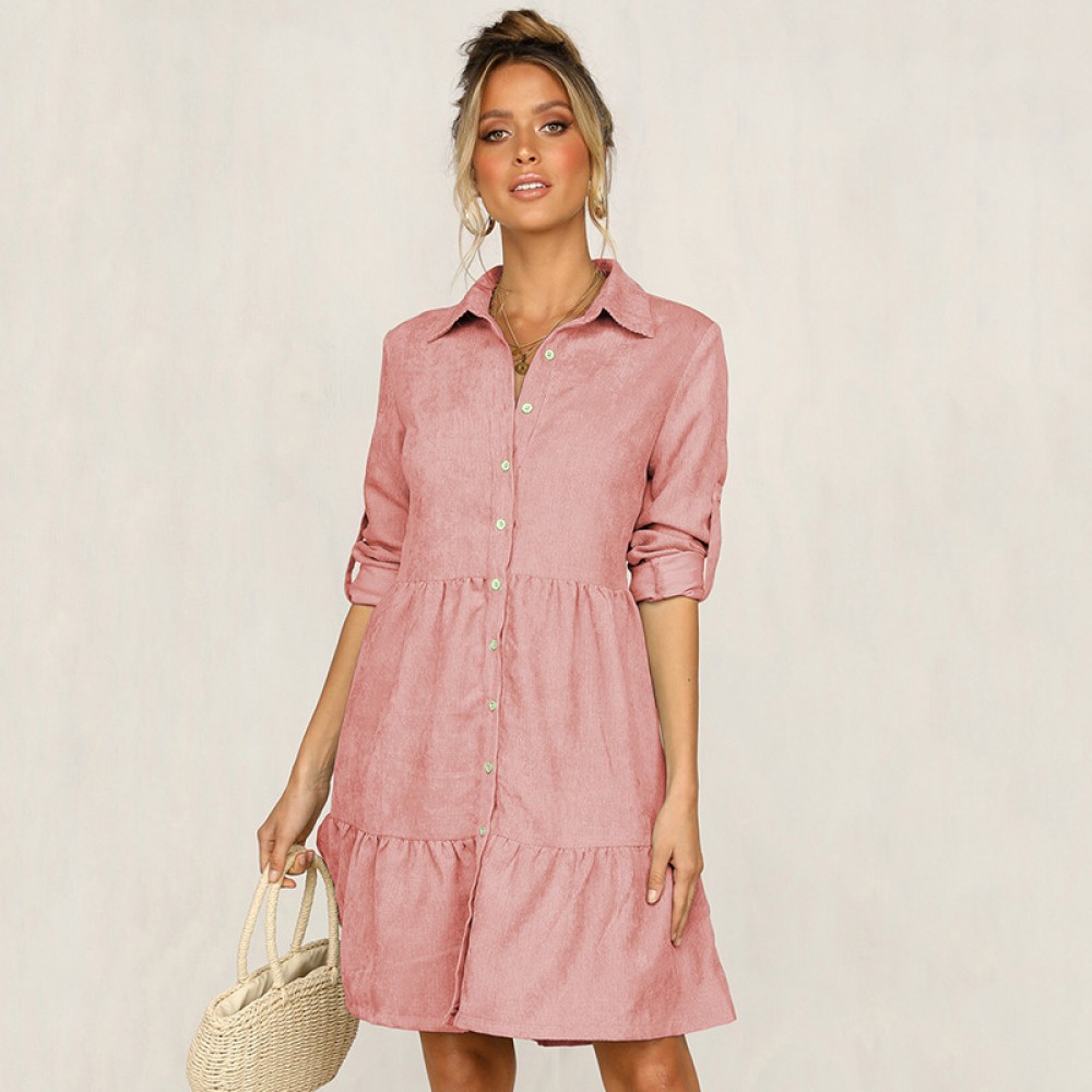 Autumn and winter big swing lapel single-breasted shirt female dress mid-sleeved solid color woven