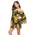 Summer off-the-shoulder sexy dress with printed elastic waist and a collar dress