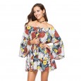 Summer off-the-shoulder sexy dress with printed elastic waist and a collar dress