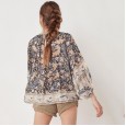 Summer new women's loose printed blouse boho long-sleeved V-neck shirt
