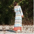 Hot Women's Dress Long Sleeve Big Wave Print Loose V-neck Long Skirt
