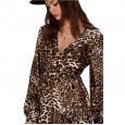 Leopard Print Long Sleeve Deep V-Neck Lace Long Swing Cardigan Dress Spring