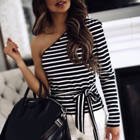 Autumn one-shoulder long-sleeved black and white striped fashion lace-up ladies T-shirt