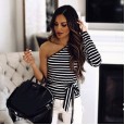 Autumn one-shoulder long-sleeved black and white striped fashion lace-up ladies T-shirt