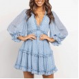 Fashionable short dress women's new lotus leaf V-neck floral cake skirt lantern sleeves hot sale