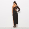Spring new women's single sleeve oblique shoulder black lace stitching split sexy dress female