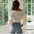 Knitwear new autumn and winter women's long-sleeved lace deep V-neck top