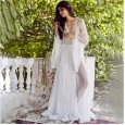Spring and summer new transparent lace trumpet long-sleeved V-neck big swing sexy dress