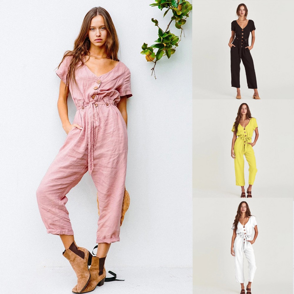 Fashionable women's spring and summer new products hot single-breasted wild nine-point jumpsuit