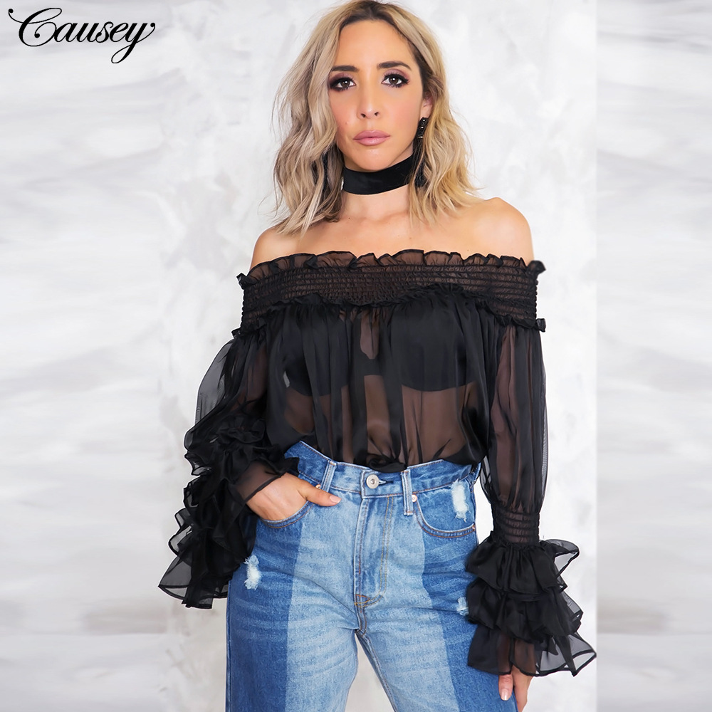 Plus size women's new fashion sexy perspective chiffon collar shirt