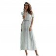 New Women's Spring Wear Big Stripe Tassel V-neck Short Sleeve Robe Dress Bohemian Beach Holiday Skirt