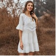 Spring and summer new solid color stitching ruffle fringed neckline lace trumpet sleeve dress