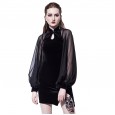Autumn and winter new women's button stand collar sexy long-sleeved black fleece fashion top