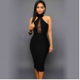 Spring and summer dress hot sale sleeveless hanging neck mesh stitching slim dress