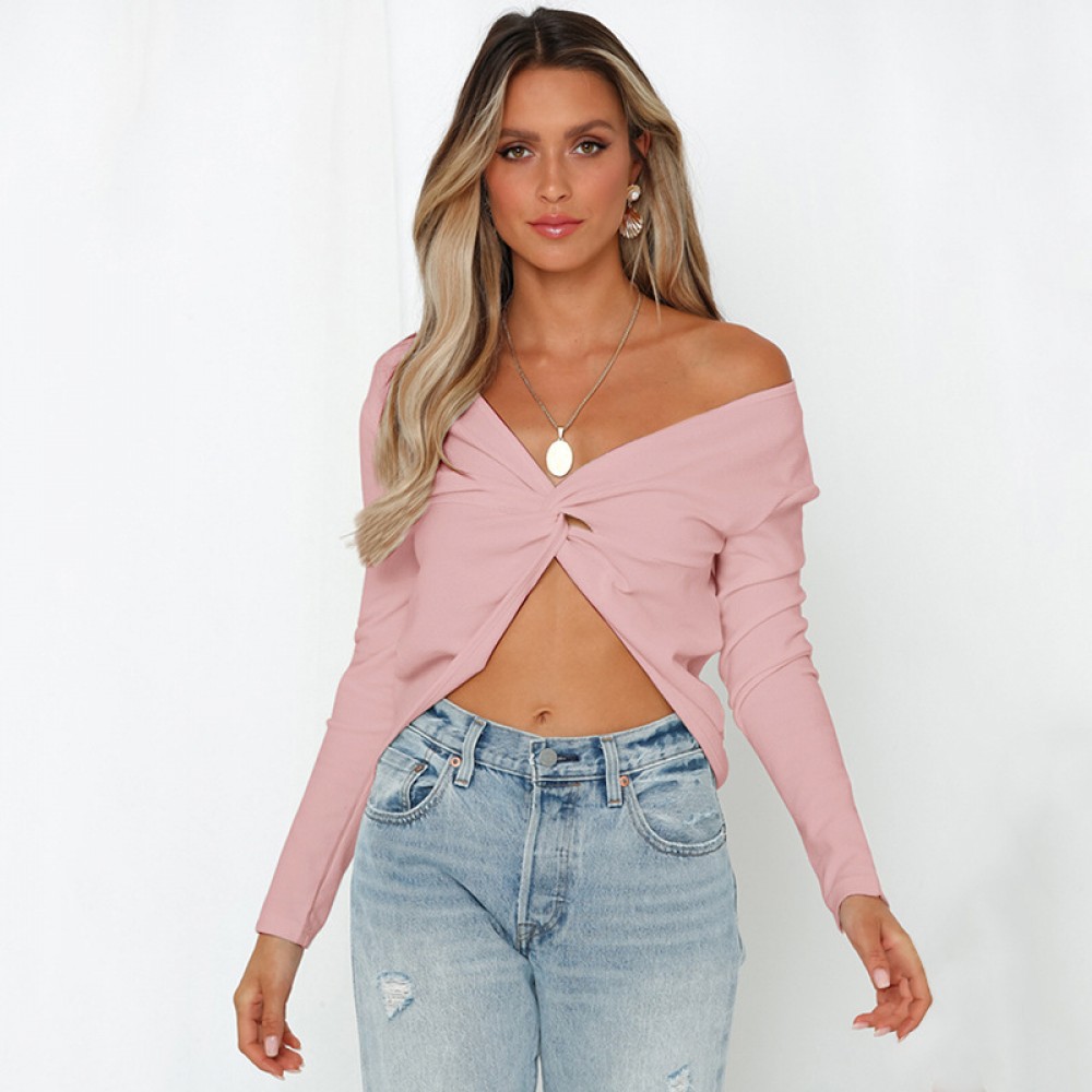 Autumn and winter new solid color striped off-shoulder V-neck exposed navel short long-sleeved sexy sweater