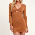 Autumn sexy bag hip elastic khaki long-sleeved slim dress women's new products