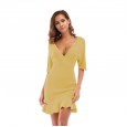 Summer new ruffled dress women's V-neck bat sleeve knitted bag hip pencil skirt