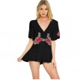 Autumn women's sexy wild V-neck embroidery printed jumpsuit skirt