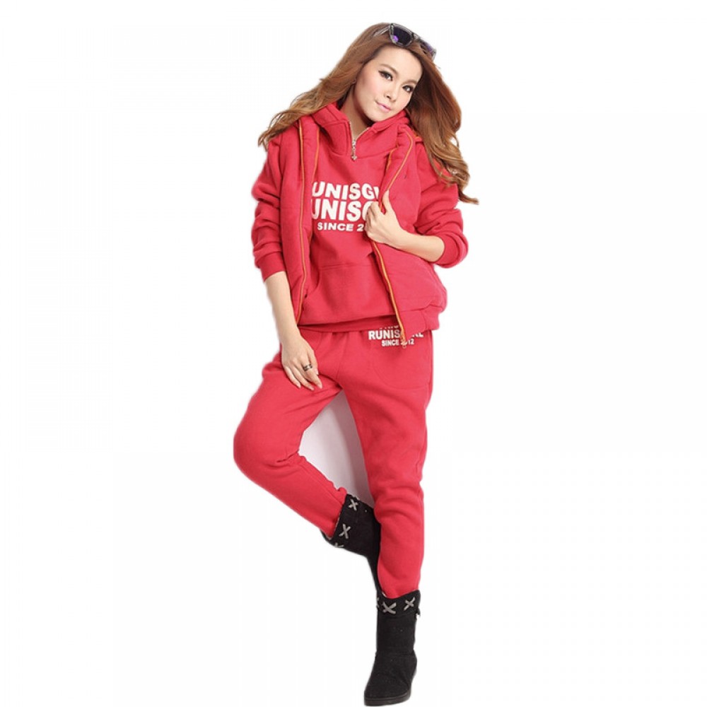 Autumn and winter women's casual suit hooded fleece thick sweater three-piece suit