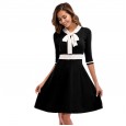 Women's fashion bowknot mid-sleeved big swing knitted temperament dress female summer